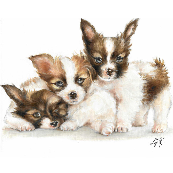 Original Dog Portrait Oil Painting - Papillon Puppies