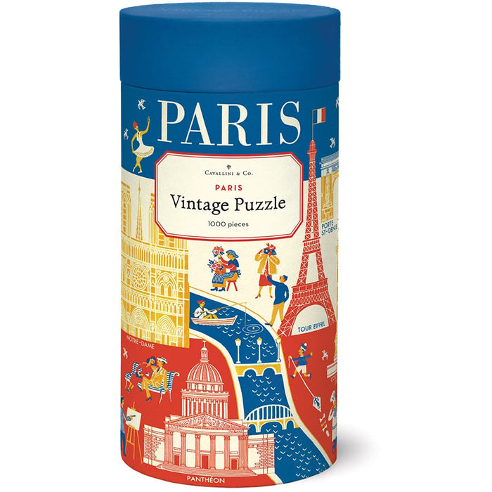 cylindrical puzzle box with Paris-themed illustrations on a white background