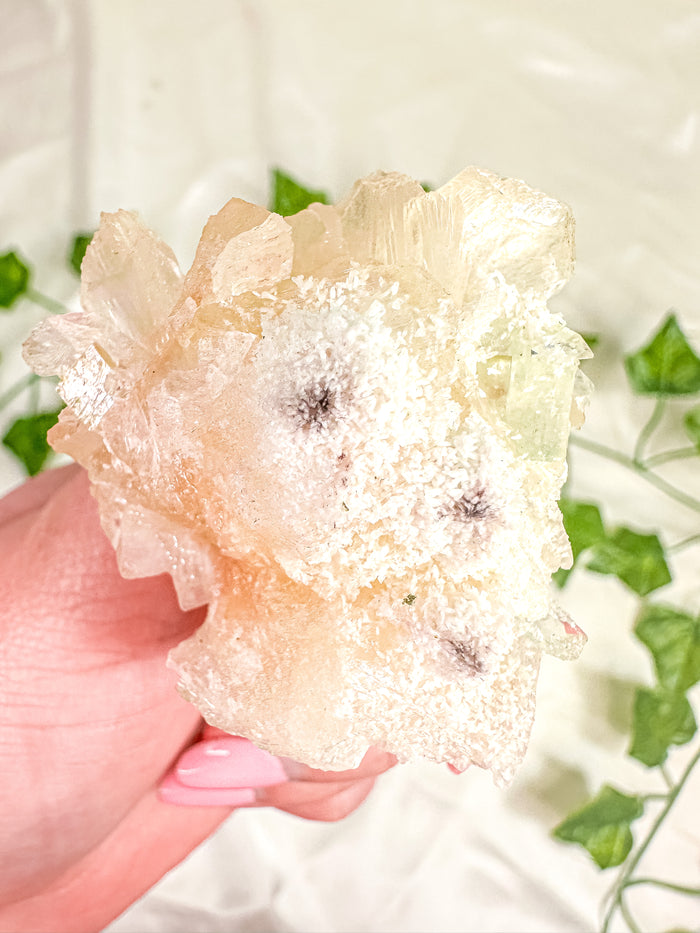 Peach Stilbite with Green Apophyllite and Okenite Mineral Specimen #9