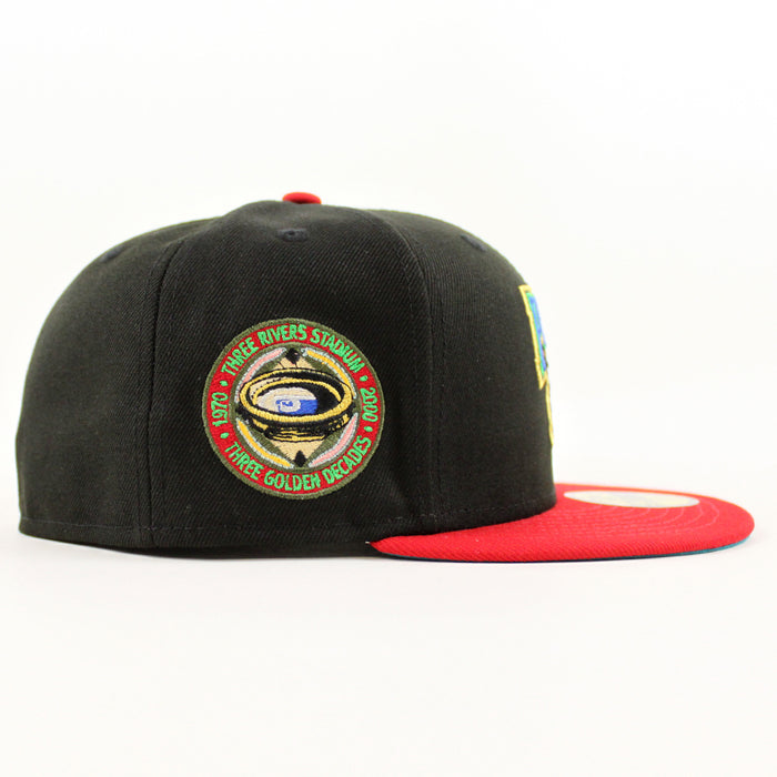 Pittsburgh Pirates THREE RIVERS STADIUM 59Fifty New Era Fitted Hat (BLACK SCARLET TITLEWAVE Under Brim)