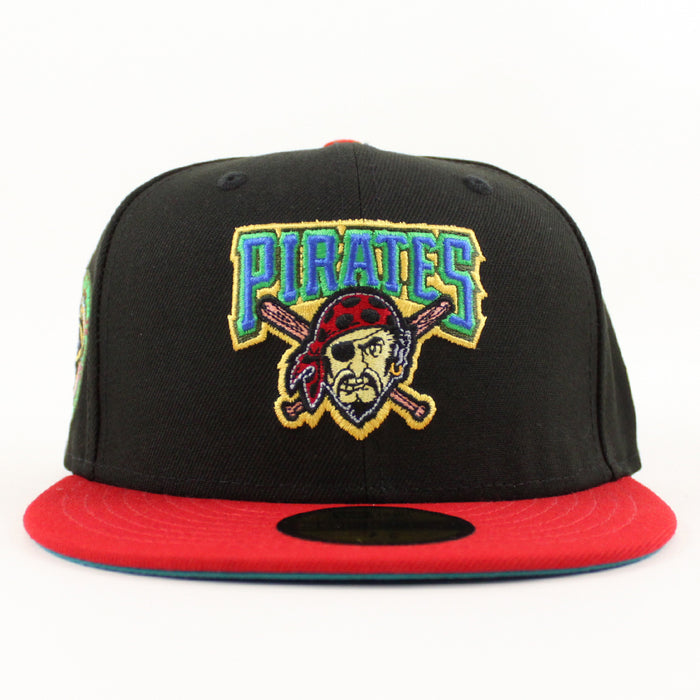 Pittsburgh Pirates THREE RIVERS STADIUM 59Fifty New Era Fitted Hat (BLACK SCARLET TITLEWAVE Under Brim)