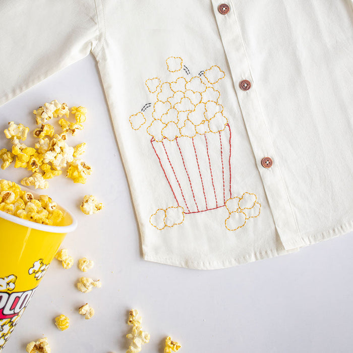 Popcorn Embroidered Unisex Shirt - White (1-14 Years)