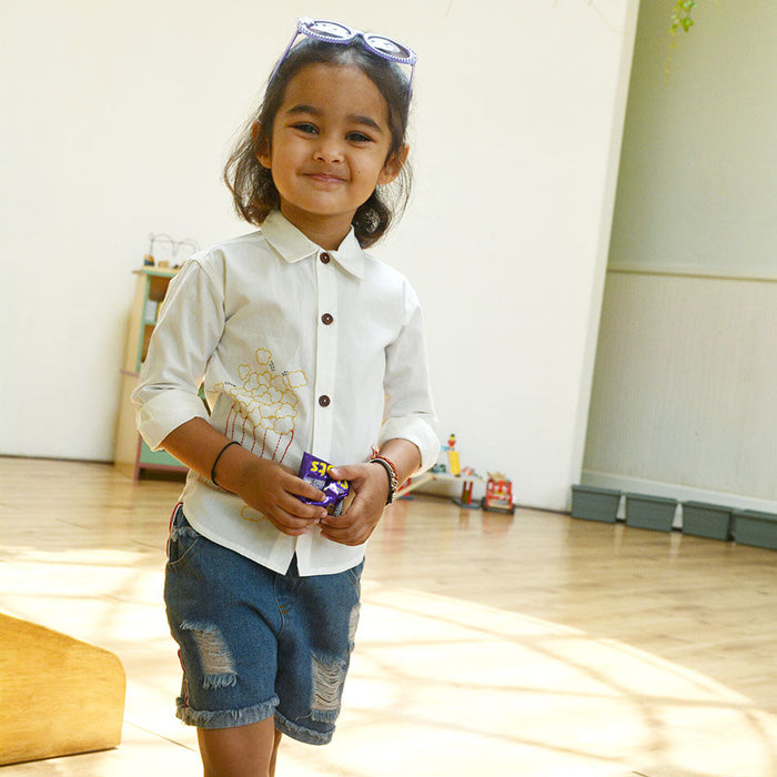 Popcorn Embroidered Unisex Shirt - White (1-14 Years)