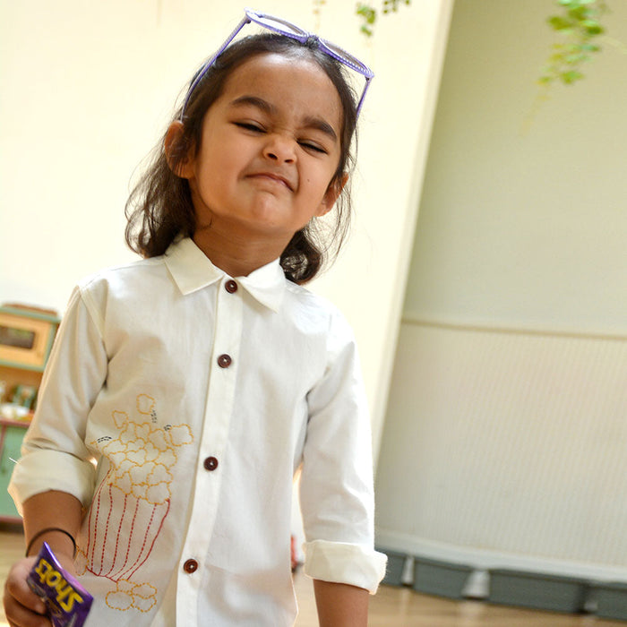 Popcorn Embroidered Unisex Shirt - White (1-14 Years)