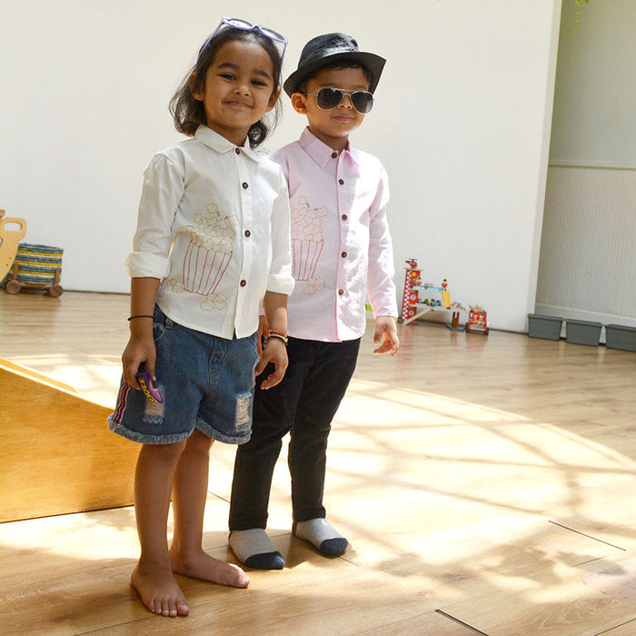 Popcorn Embroidered Unisex Shirt - White (1-14 Years)