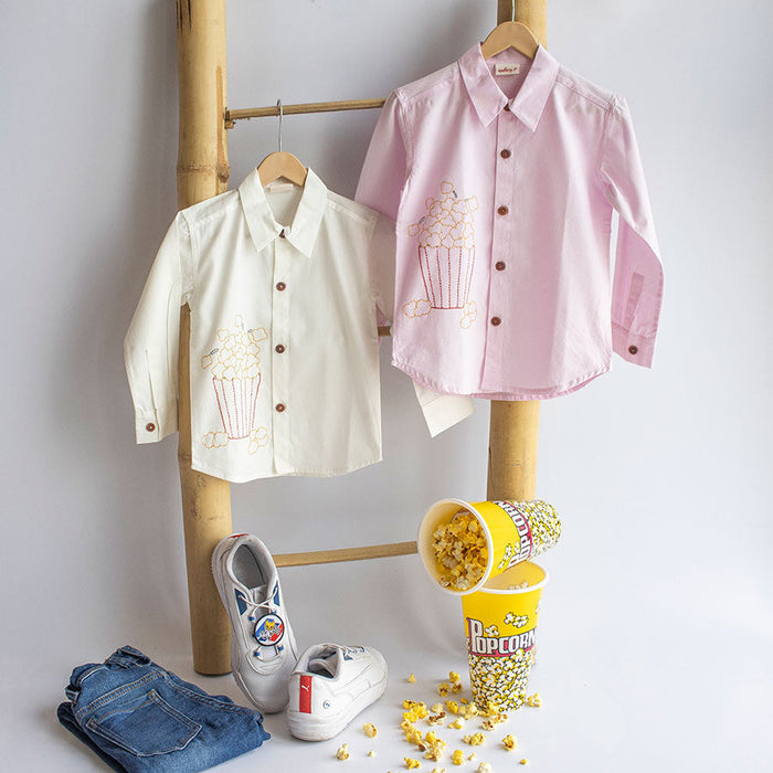 Popcorn Embroidered Unisex Shirt - White (1-14 Years)