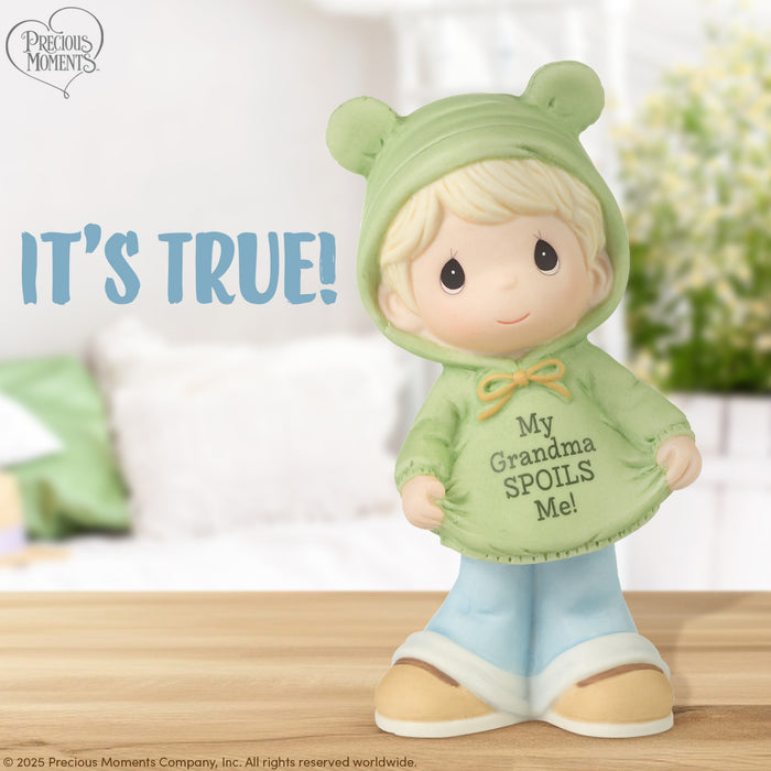 Precious Moments - My Grandma Spoils Me Baby Boy in Green Hoodie Porcelain Figurine 223013