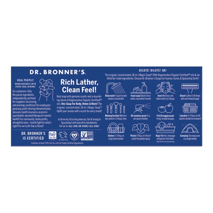 A blue rectangular informational panel for Dr. Bronner's, featuring the brand name at the top and multiple white line icons with text describing product benefits and care instructions.