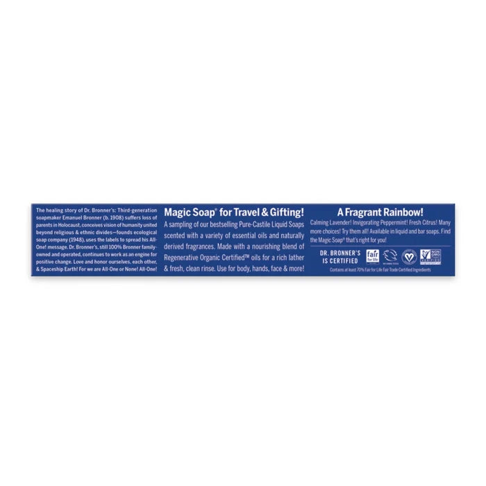 A long, narrow blue product label or packaging insert on a white background, with white text describing 'Magic Soap' and fragrance-related copy, plus certification logos at the bottom right.