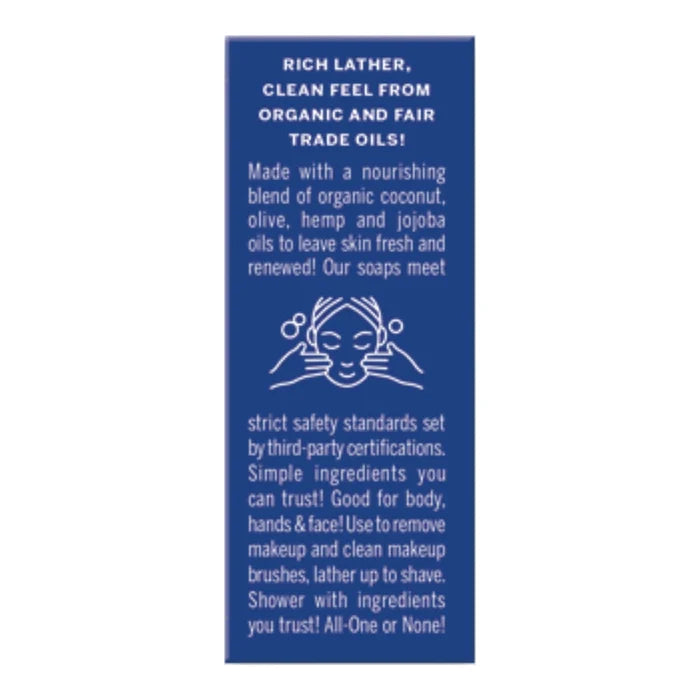 A tall blue rectangular product information card with white text and a simple line drawing of a face being washed, centered on a white background.