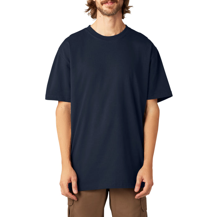 Man wearing dark navy short-sleeve crewneck t-shirt with brown cargo pants.