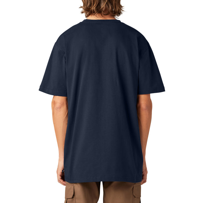 Navy blue short sleeve t-shirt with crew neckline, shown from back view on model.