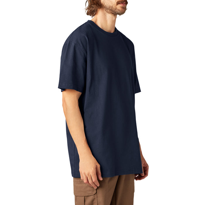 Navy blue short sleeve crew neck t-shirt on male model wearing tan cargo pants.