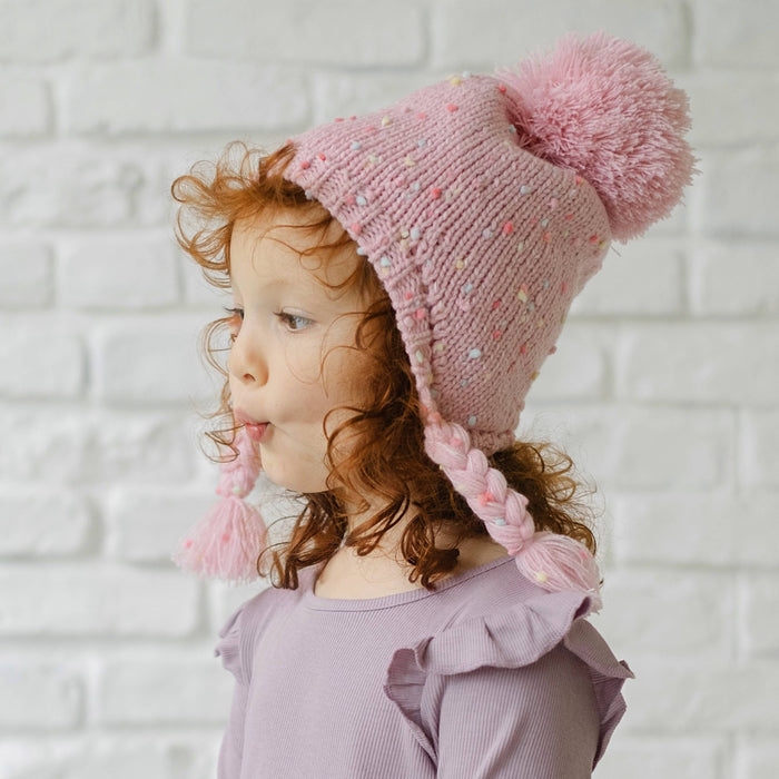 Sprinkled Earflap Hat with Braids - Pink
