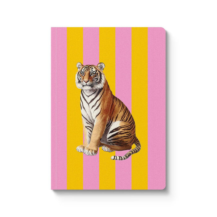 Notebook with a tiger illustration on a pink and yellow striped background