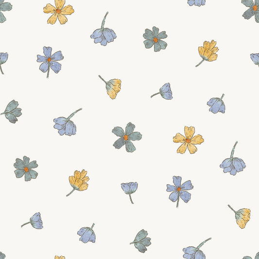 Summer Flowers Tossed Blue Yellow - Family Fabrics B.V.