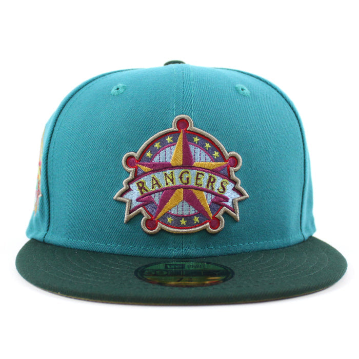 Texas Rangers Rangers Badge New Era 59Fifty Fitted Hat (AQUA DK GREEN GREEN BARK Under Brim)