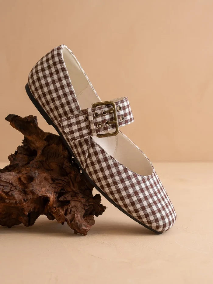The Soho | Coffee Gingham Ballet Fall Flat Studded Buckle