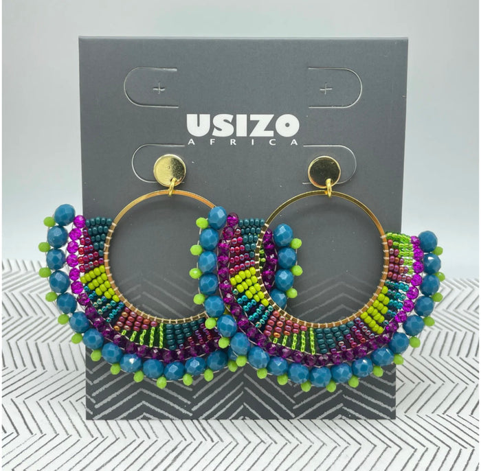Tombi Teal Zulu Beaded Earrings with Gold Fittings