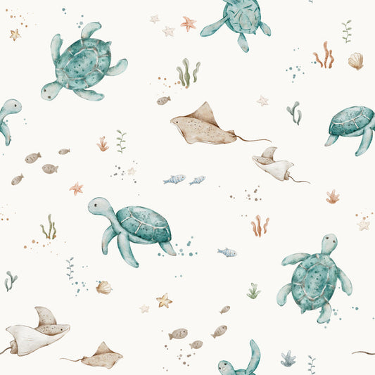 Turtle Land Green Off White - Family Fabrics B.V.