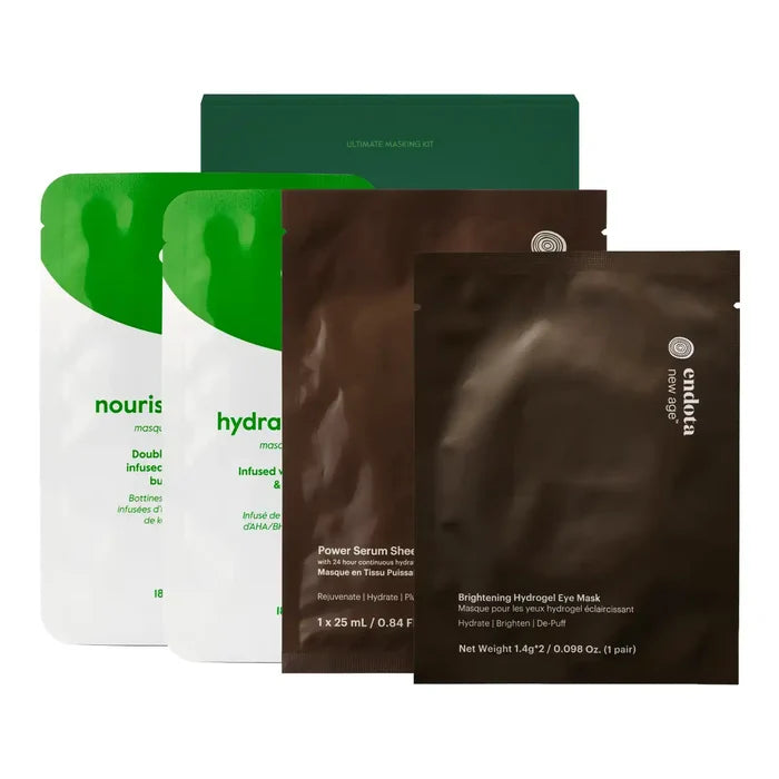 A set of four skincare pouches, including two white and green pouches, and two black pouches.
