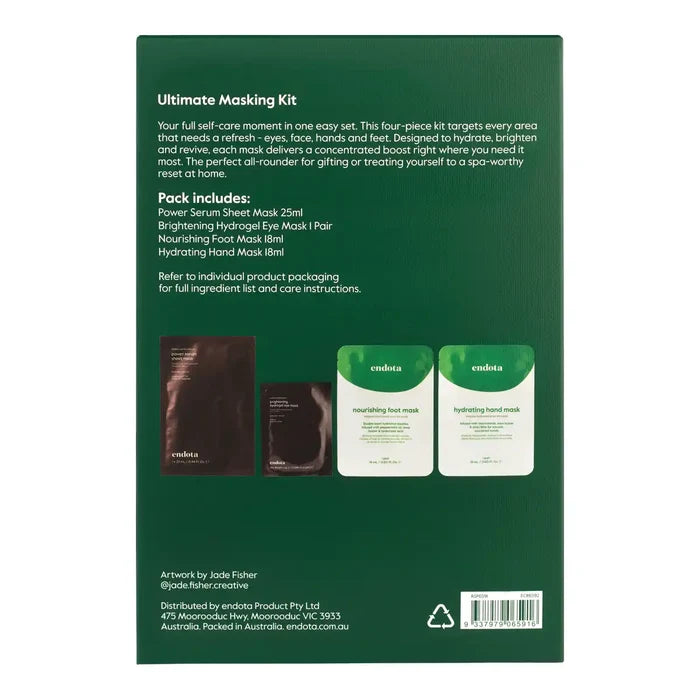 Back packaging of the endoca Ultimate Masking Kit, featuring product details, a pack contents diagram with three sachets, and a barcode on a dark green background.