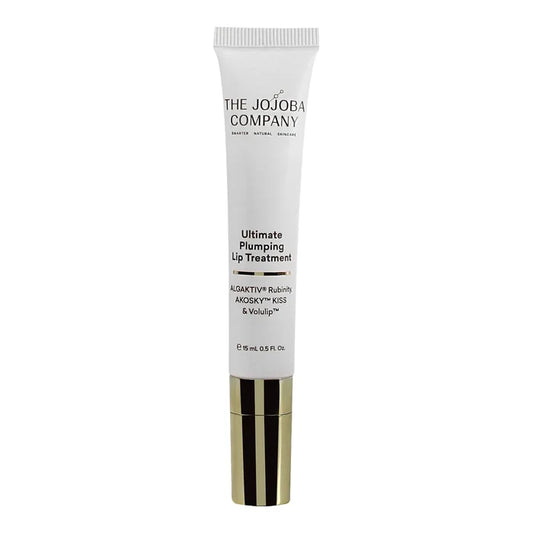 A white squeeze tube of The Jojoba Company Ultimate Plumping Lip Treatment with a metallic gold cap, centered on a plain white background.