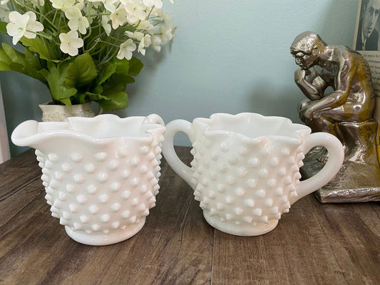 Vintage Fenton Milk Glass Hobnail Sugar and Creamer Set at Duckwells