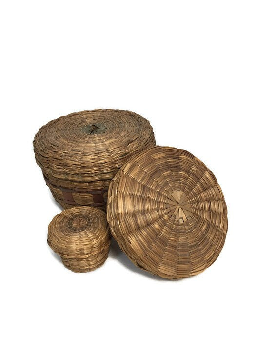 Vintage Sweetgrass Baskets with Pincushion and Thimble at Duckwells