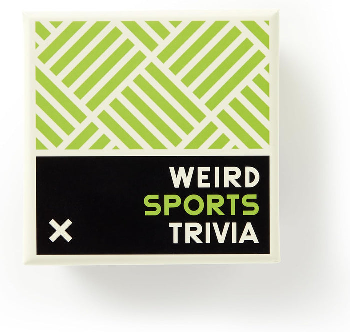 A square product box for 'Weird Sports Trivia' featuring a green and white geometric pattern on the top half and a black block on the bottom half with the title in white and green text.