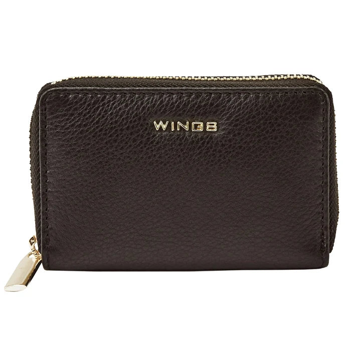 WINGS Mały portfel damski ze skóry naturalnej zapinany na zamek BLACK LEATHER COLLECTION