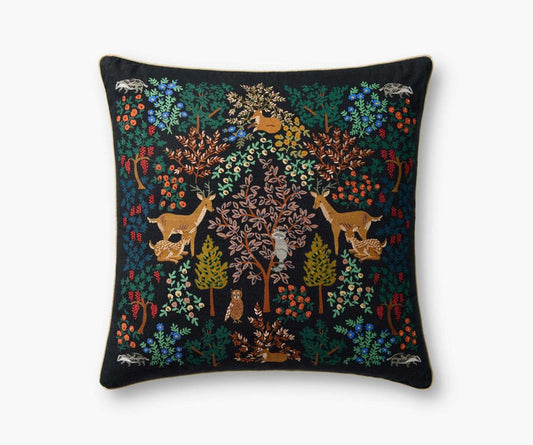 Decorative pillow with embroidered forest scene featuring animals on a black background