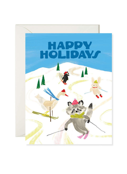 Greeting card with skiing animals illustration and 'Happy Holidays' text