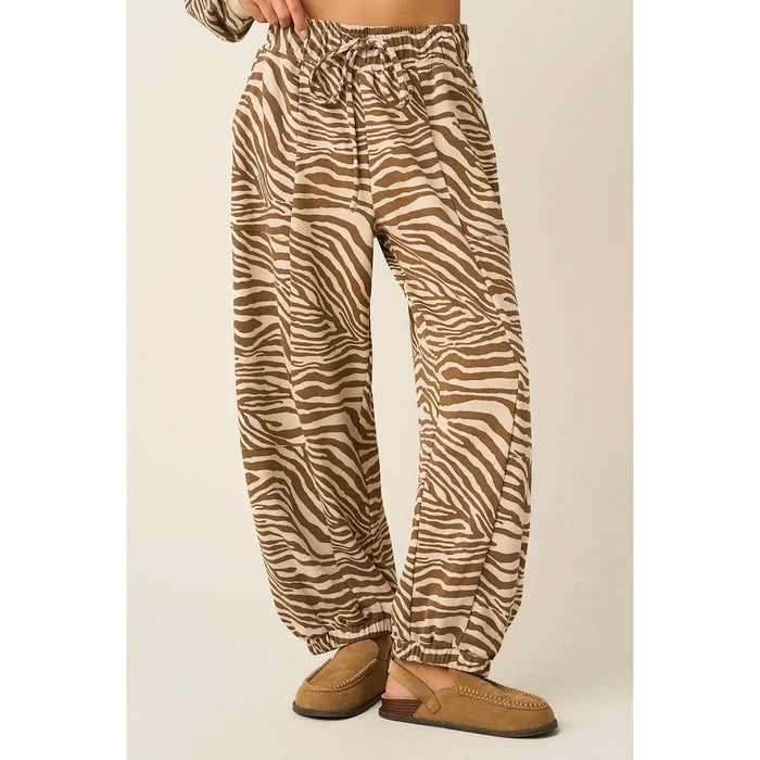 Zebra Print Pull-On Barrel Leg Pants