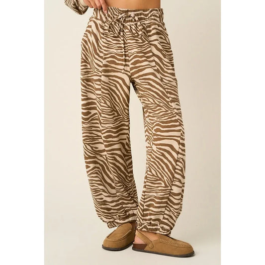 Zebra Print Pull-On Barrel Leg Pants